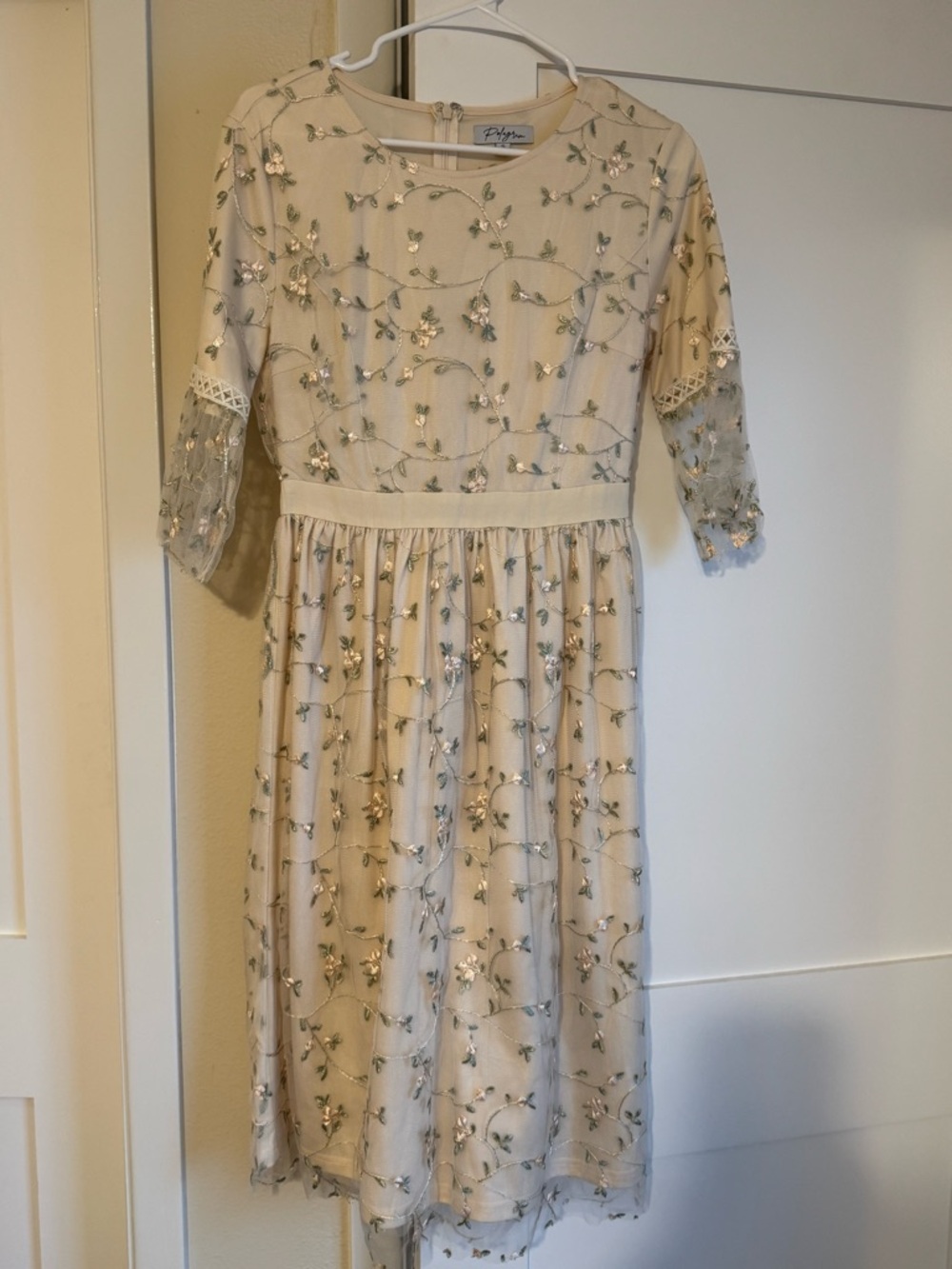 Polagram Cream Embroidered Sheer-Overlay Formal Dress